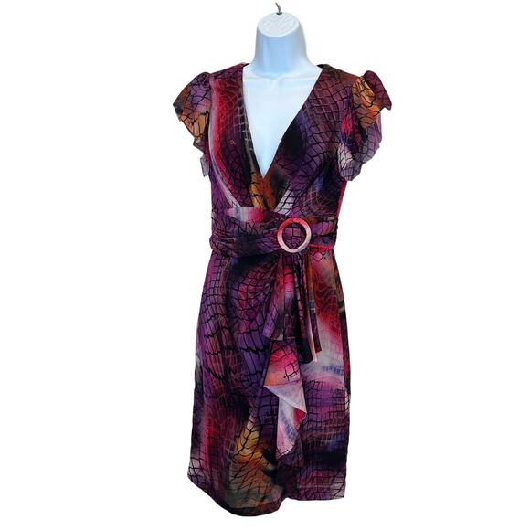 Flor Et.AI Python Mini Wrap Dress Pink Purple Size 2 Chiffon Work Designer $495 - Picture 1 of 5